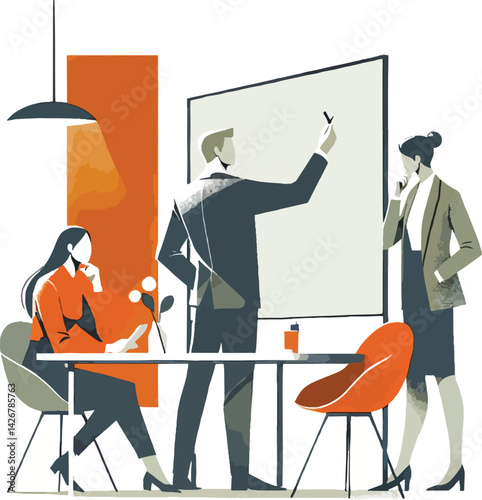 A business brainstorming session three professionals in an office setting collaborate by placing ideas on a board