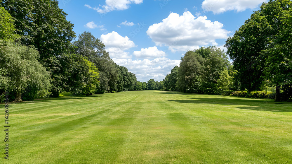 Naklejka premium Wide Open Green Grassy Path Through Lush Park