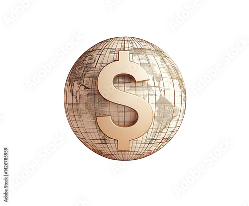 Global Finance Concept Golden Dollar Sign Overlaying Detailed World Map Sphere Currency, Economy, Investment, and International Business
