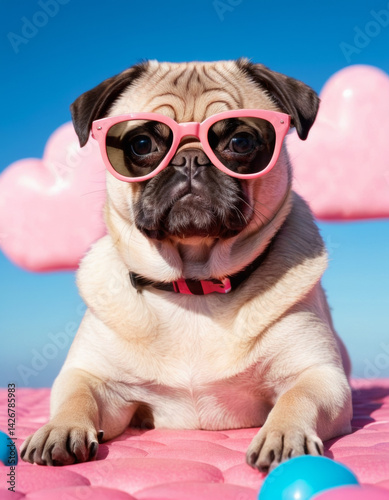 A goofy pastel-colored pug dog wearing huge sunglasses, sitting on a pink candy-like surface, head tilted to the side, fluffy clouds and bright blue sky, humoristic cartoonish style, vibrant colors. photo
