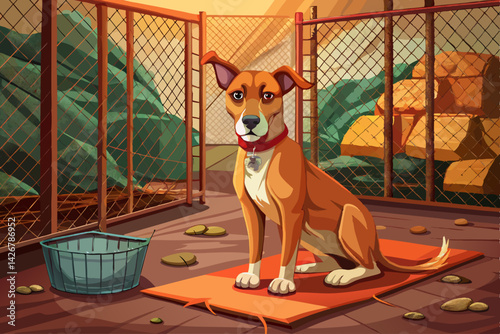 vector of Stray dog ​​locked in rusty cage in animal shelter, looks sad and hungry, left behind old net, waiting for shelter care and rescue...