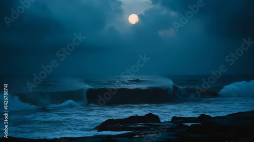 Video of Moonlight Symphony on the Coast:  A dramatic video of a moonlit coast, the waves crashing against the rocky shore under a sky filled with brooding storm clouds