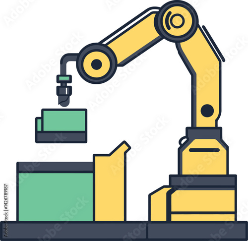 Black and white vector illustration of an industrial robotic arm with multiple joints, mounted on a fixed platform, holding a green object and placing it into a container, symbolizing automation
