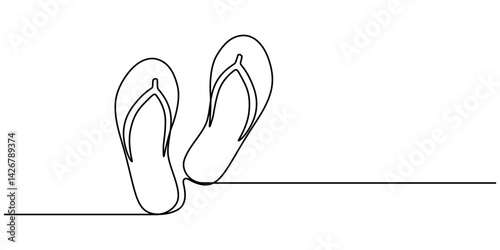 Flip flops beach in continuous one line drawing, Flip Flops Thong Sandals Single Line Drawing with Editable Stroke, One continuous line drawing of slippers for beach. summer party. Single line draw.