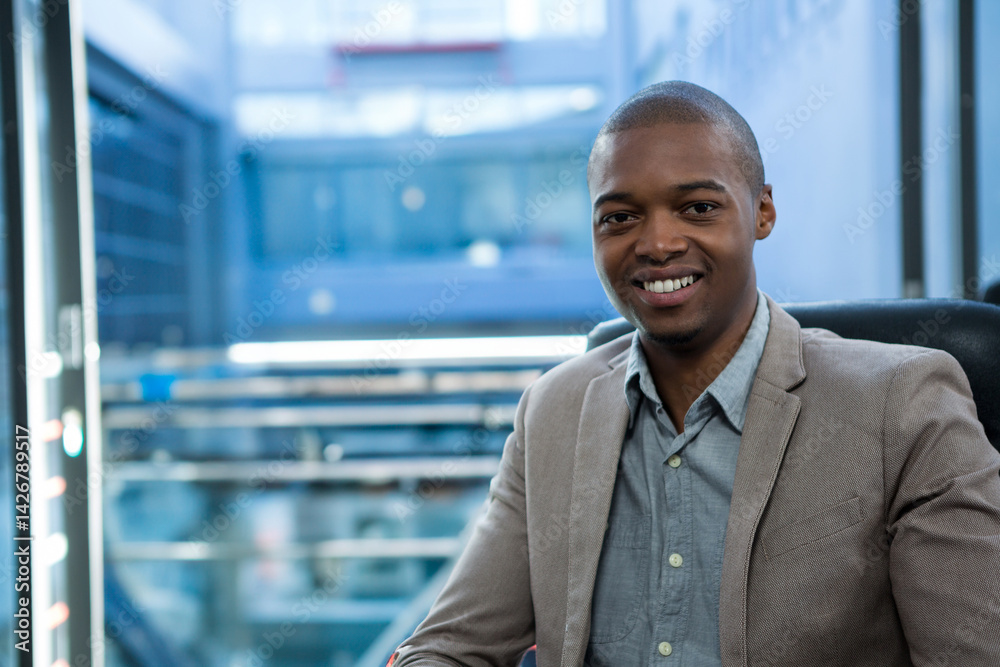 Naklejka premium African American man sitting in chair at glass window in office viewing cityscape, copy space