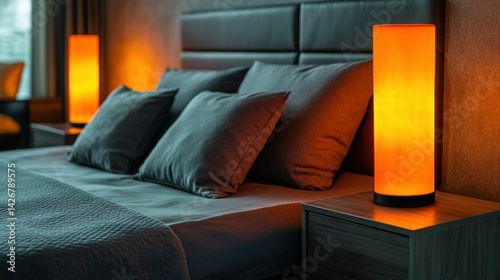Cozy bedroom with orange lamps