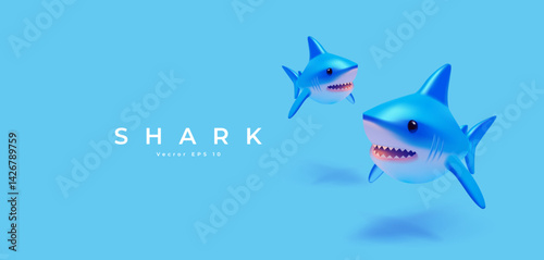 Big predatory sharks attack, 3D. Realistic hungry sharks underwater. Modern banner for design concepts. Wildlife, underwater ocean world. Vector illustration.