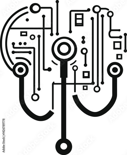 Black and white vector illustration of a brain with electronic circuits, symbolizing artificial intelligence, technology, and cognitive processing
