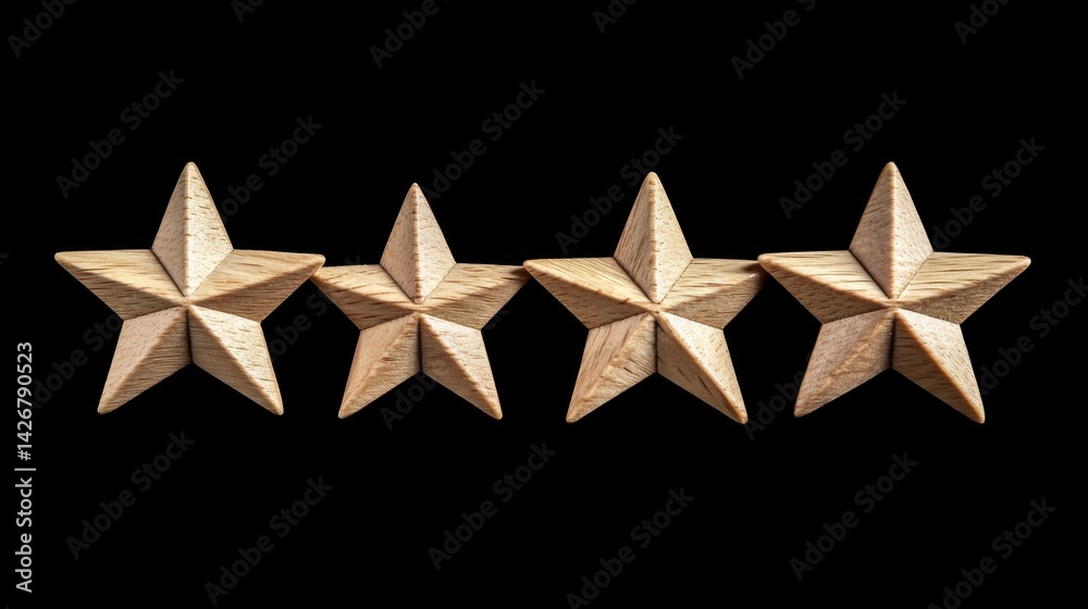 Four Wooden Stars on Black Background: A Symbol of Excellence and Top-Rating Four Wooden Stars on Black Background: A Symbol of Excellence and Top-Rating
