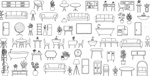 Furniture outline top view for floor plan. Set of isolated linear icons for interior. 