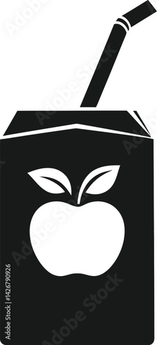 Simple black and white vector illustration of a juice box with a bent straw and an apple icon, minimal beverage packaging design
