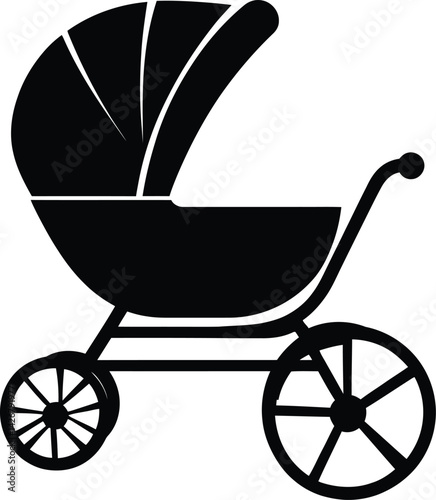 Black and white vector illustration of a baby stroller with a curved handle, large canopy, and four wheels, perfect for childcare and parenting themes