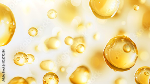 The golden essence floats in the space, crystal clear, reflecting the natural ingredients of cosmetics or essence