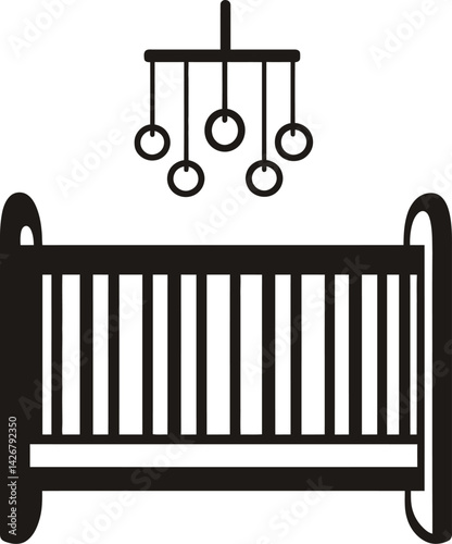 Black and white vector illustration of a baby crib with vertical slats and a hanging mobile featuring five circular elements, simple nursery furniture design
