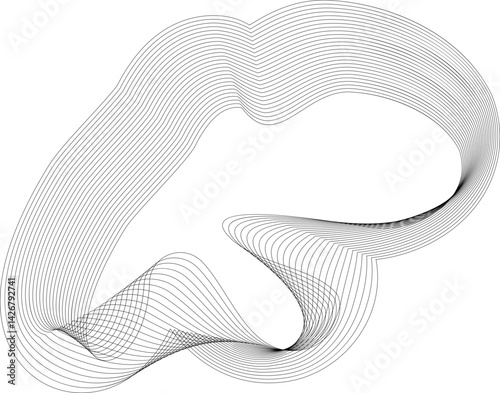 Layered parallel lines shape an abstract form with a defined central space and a flowing organic outline.