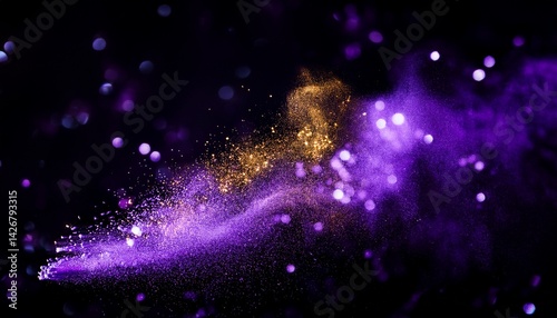 sprinkle gold purple dust on a black background in the dark sparkling purple glitter powder on black background christmas background sprinkle dust purple light christmas and happy new year