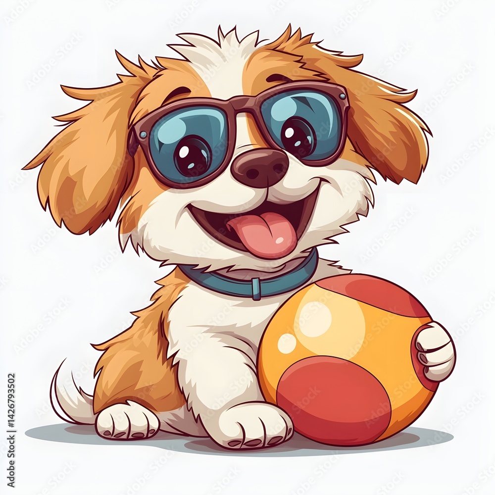 Naklejka premium Cheerful cartoon dog with sunglasses playing with a beach ball