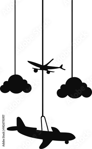 Black and white vector illustration of a hanging airplane mobile with two airplanes and clouds, minimal aviation-themed nursery decor