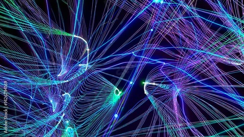 Abstract Light Trails: Intertwined Neon Blue and Green Lines in Motion