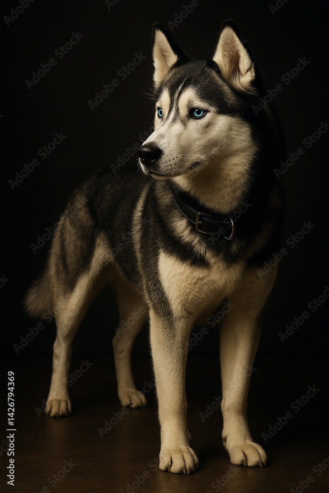 Obraz premium Retrato de estúdio de um husky siberiano com olhos azuis intensos em fundo escuro, iluminação dramática destacando a beleza e elegância da raça