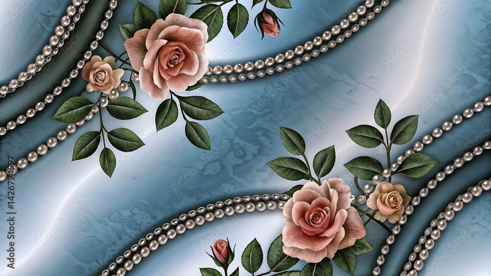 Floral pattern with roses and pearls on a soft blue background