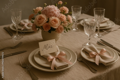 Mesa posta delicada com flores e louças rosadas para o Dia das Mães, com cartão escrito “Mãe” em destaque