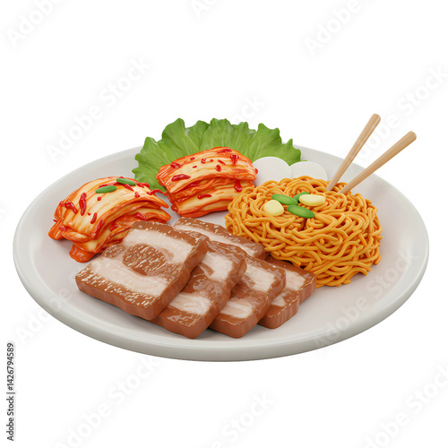 Appetizing 3D Rendering of Korean Samgyeopsal, Pork Belly, with Kimchi and Noodles on a Plate - Traditional BBQ Meal Illustration