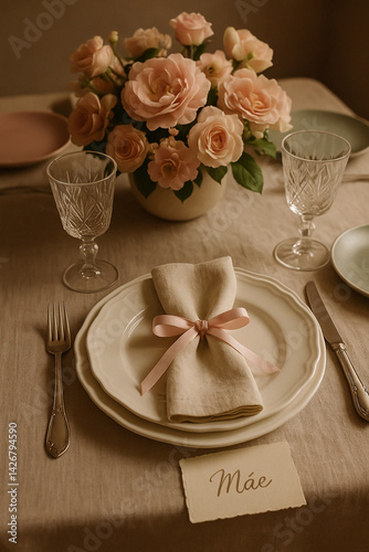 Mesa posta delicada com flores e louças rosadas para o Dia das Mães, com cartão escrito “Mãe” em destaque