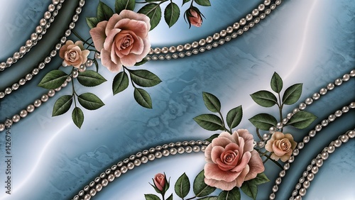 Obraz na płótnie Floral pattern with roses and pearls on a soft blue background w salonie