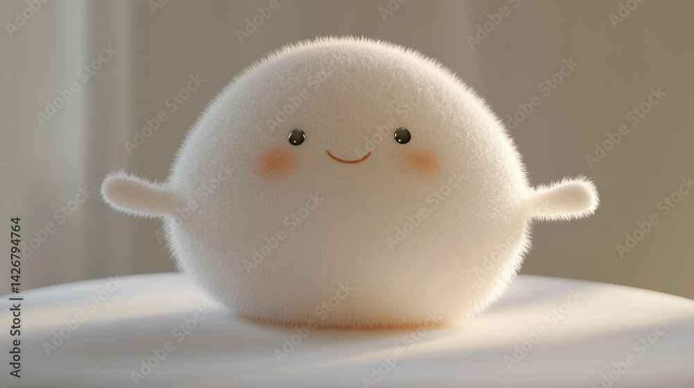 Fluffy, smiling, round, character, indoor, soft, light, window background Fluffy, smiling, round, character, indoor, soft, light, window background
