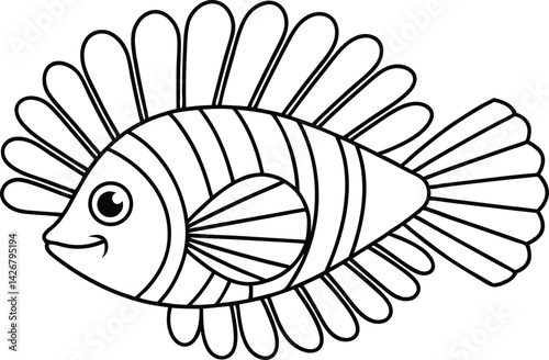 Smiling Cartoon Fish with Unique Fins and Stripes in Black and White Outlines