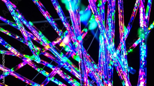 Interwoven, luminous rods of vibrant, multicolored light