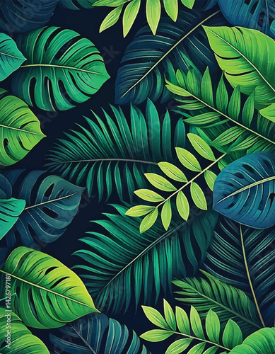 Lush tropical foliage with vibrant Monstera leaves, perfect for nature-inspired designs. Tropical plants with vibrant Monstera and fern leaves, rich green textures, dark background