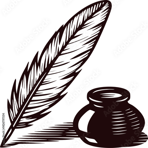 Vintage feather quill and ink pot for traditional writing and artistry.