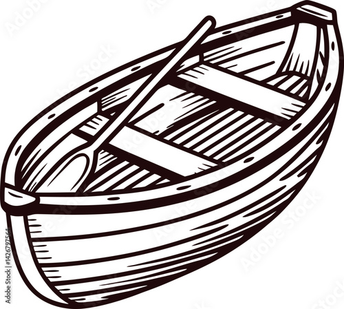 of a vintage wooden rowboat with detailed oars and planks.