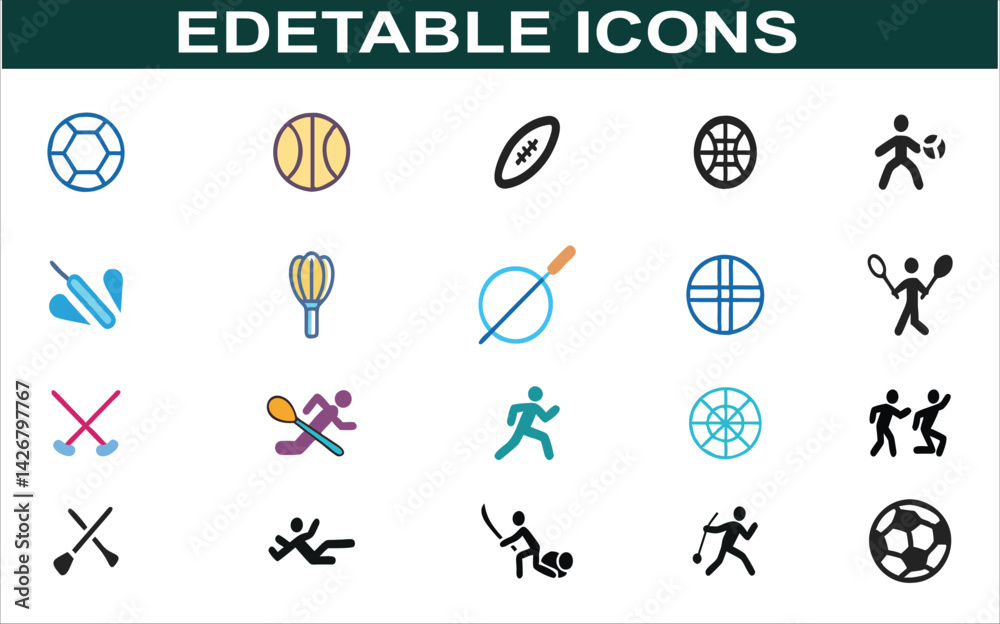 Modern Flat Customizable Sports Icon Set.