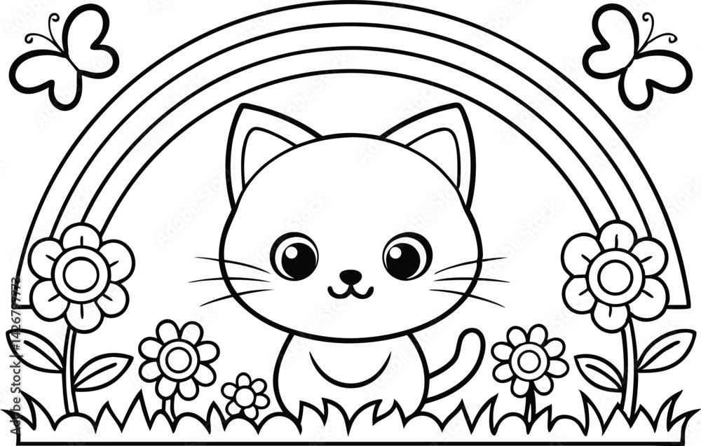 Obraz premium Cat under Rainbow with Flowers and Butterflies Outline Coloring Page