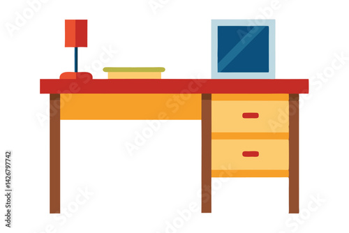 Cartoon vector illustration of a retro office desk and items