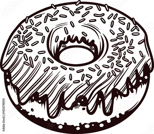 Detailed black and white of iced doughnut with sprinkles