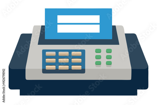 Fax machine cartoon illustration with control panel and output slot