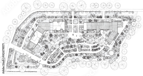 Top view landscape design plan with house, courtyard, lawn.