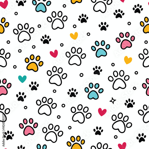 Cute Paw Prints and Hearts Seamless Pattern