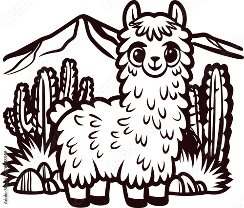 Adorable alpaca group with mountain and cactus in cute.