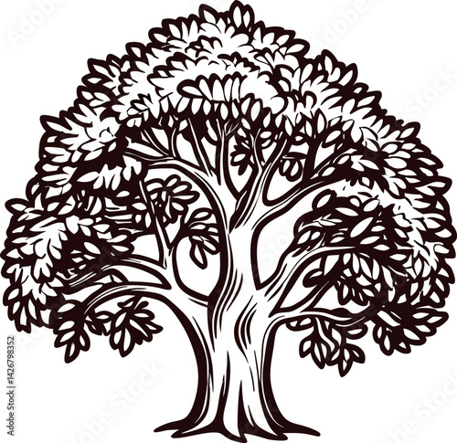 Intricate of a majestic oak tree with lush canopy and detailed trunk in black and white.