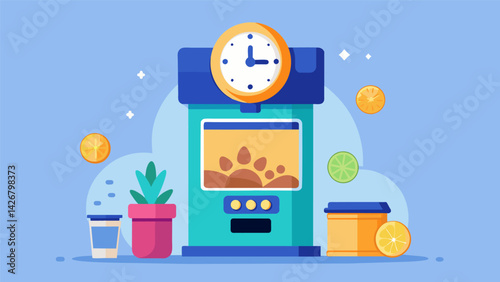 A dispenser with a timer feature allowing owners to schedule snack times throughout the day to keep their pets happy and wellfed.. Vector illustration
