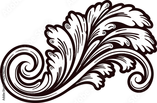 Intricate black and white floral design with flowing leaf patterns.