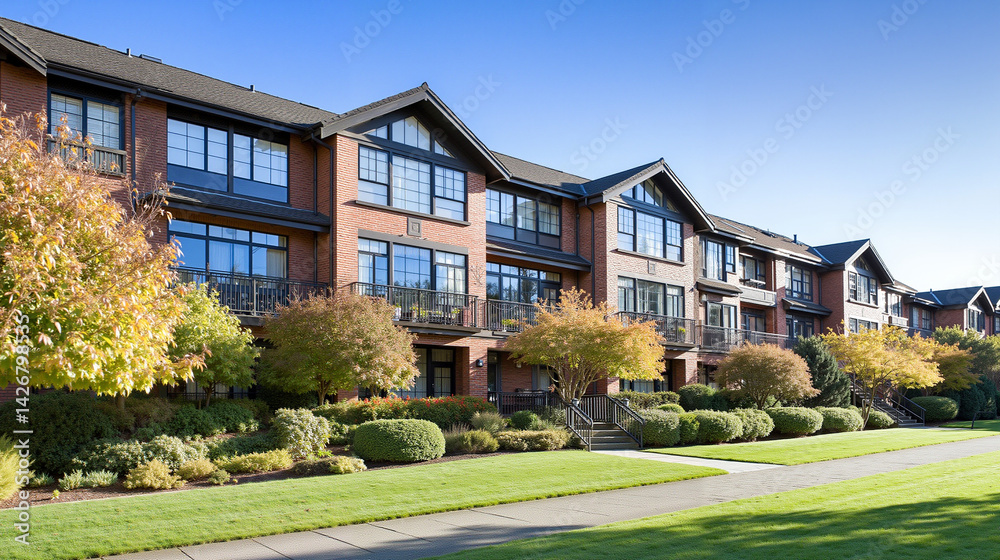 Fototapeta premium Modern apartment building surrounded by greenery and blue skies