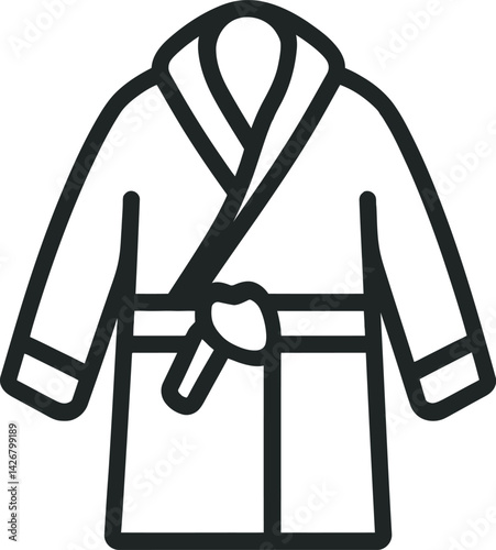 Simple black and white vector illustration of a bathrobe with a tied waist belt, minimalistic fashion design for clothing and apparel concepts