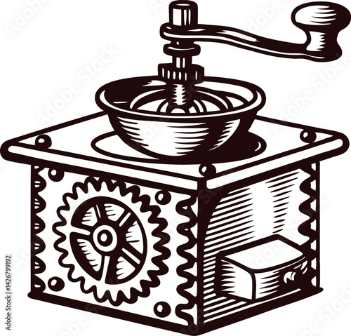 Vintage hand crank coffee grinder with intricate gear design