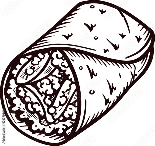 Hand drawn burrito with detailed ingredients wrapped in tortilla